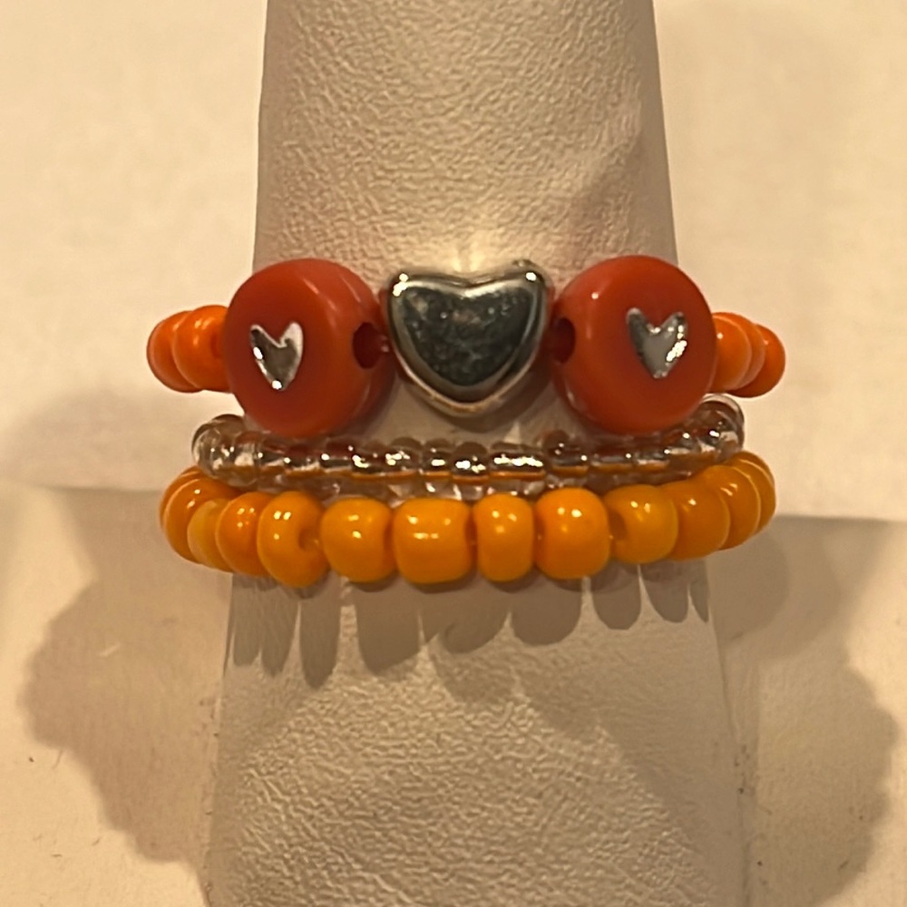 Handmade Orange & Silver Beaded Ring Set, Stretchy